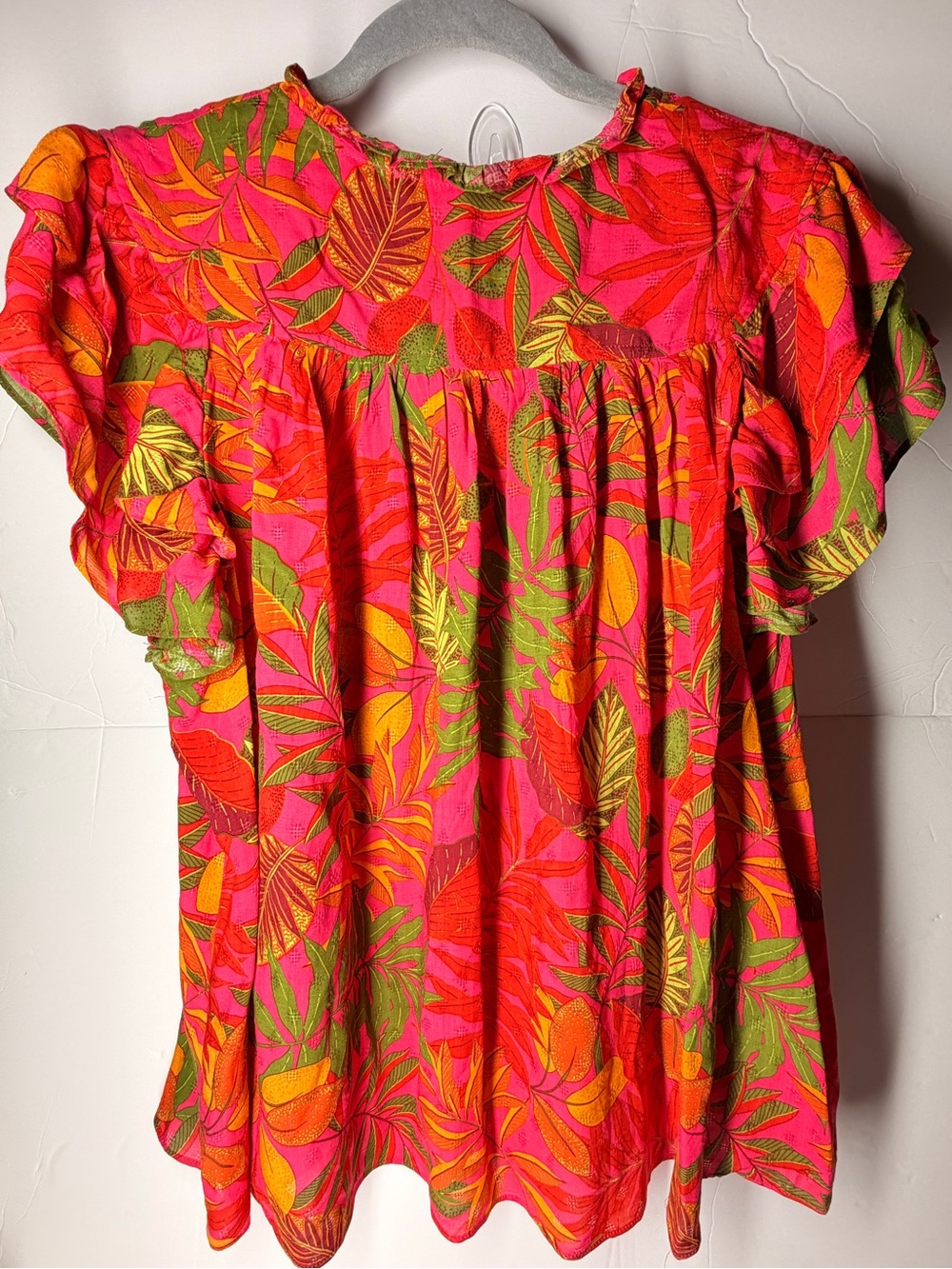 Rose & Olive Pink Tropical Leaf Flutter Sleeve Blouse